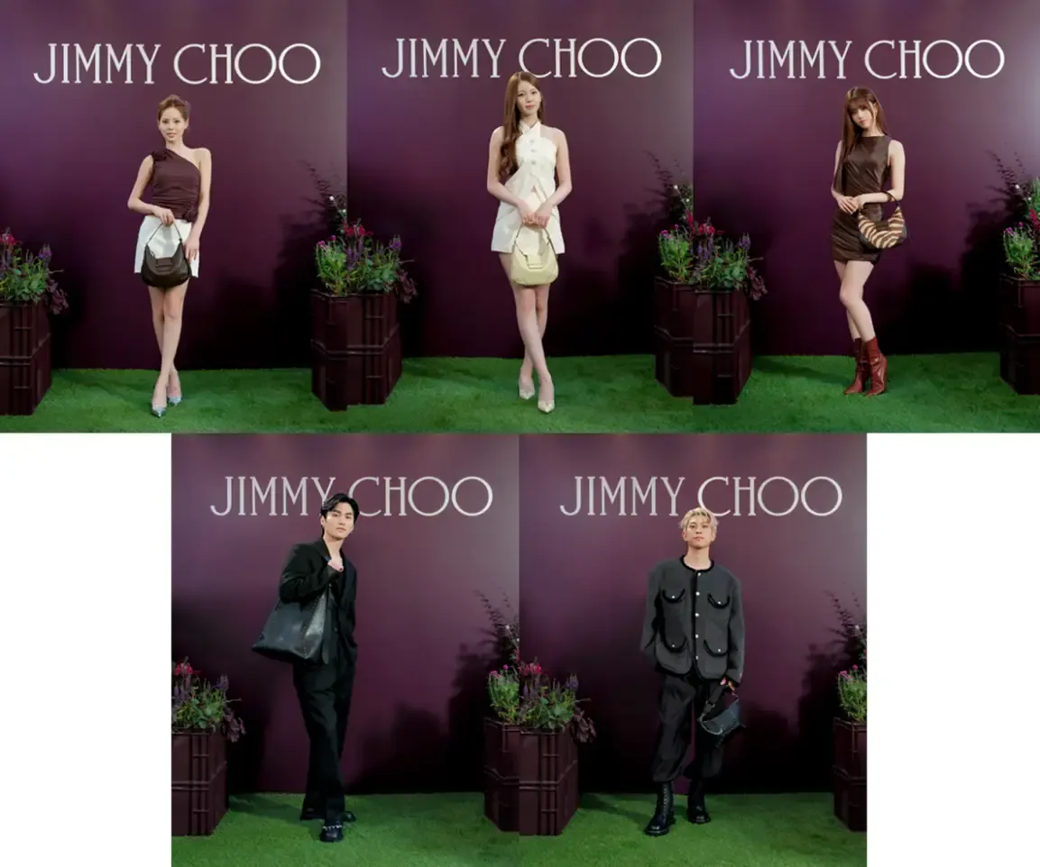 左上からNiziUのMAKOさん、AYAKAさん、RIMAさん、モデル/DJの大平修蔵さん、モデル/DJの井上ヤマトさん。Jimmy Choo Tokyo 株式会社