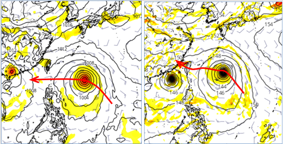  最新のヨーロッパ（ECMWF）モデルでは、21日20時の熱帯擾乱シミュレーションの位置が台湾東方海面で、バシー海峡に向かう（左図）；昨日（15日）のアメリカ（GFS）モデルでは、21日20時のシミュレーションの位置も同じく台湾東方海面だが、台湾に向かう（右図）。（図／気象応用推進基金会より）