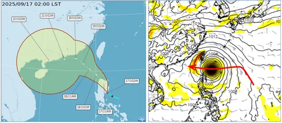 最新(17日2時)氣象署「路徑潛勢預測圖」顯示，「熱帶低壓」今(17日)將掠過呂宋島北部，明(18日)進入台灣西南方海面，發展為「輕颱塔米」，並逐漸轉向偏西(左圖)。最新歐洲模式下週一(22日)20時模擬圖顯示，另一「熱帶系統」即將進入巴士海峽，繼續向西進行(右圖)。