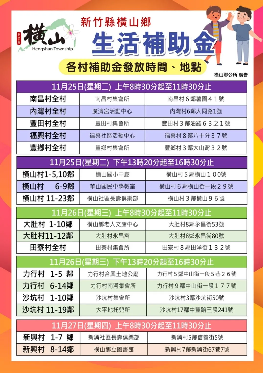 新竹縣橫山鄉生活補助金發放時間地點。（圖／取自新竹縣橫山鄉公所）