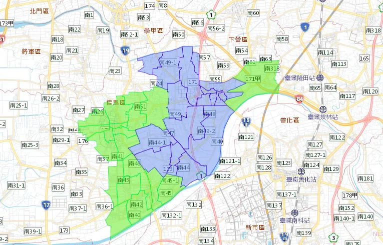 10月2日台南市自來水管線汰換工程停水範圍。藍色為停水區域、綠色為降壓區域。（圖／取自台灣自來水公司官網）