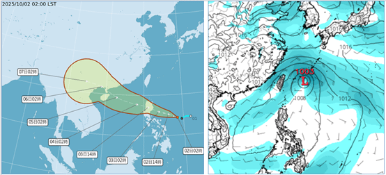 麥德姆颱風今將生成（左圖）；下周三台灣東方海面還一熱帶擾動發展（右圖）。（圖／取自氣象推廣基金會）