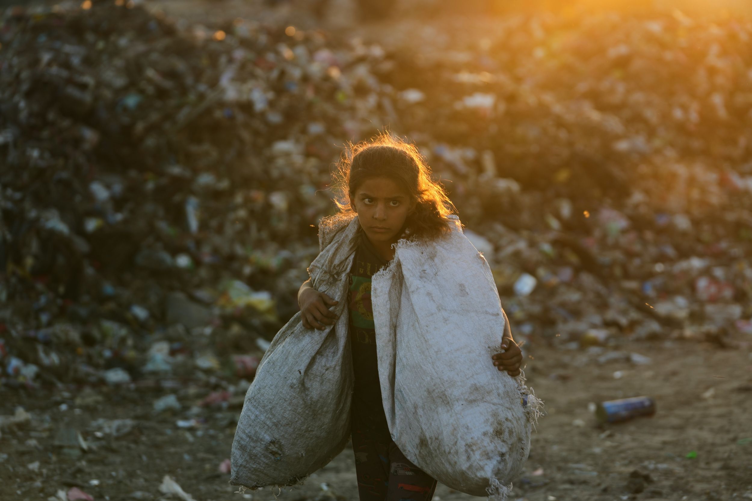 2025年9月30日，加薩南部汗尤尼斯，一名流離失所的巴勒斯坦女孩在垃圾場尋找木柴與塑膠，她的家人目前暫居在臨時帳篷營區。（美聯社）