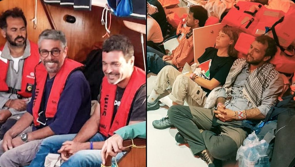 2025年10月2日。在以色列海軍攔截向加薩運送人道主義援助的「全球堅毅船隊」後，以色列外交部釋出童貝里（Greta Thunberg，右二）與其他活動人士的影像。（AP）