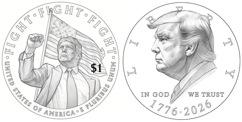 美國財政部流出一元硬幣設計圖像草案，「戰鬥，戰鬥，戰鬥」是川普去年競選遭刺殺時說的話（左）；2026年7月4日是美國《獨立宣言》發表250周年（右）。（美國財政部）