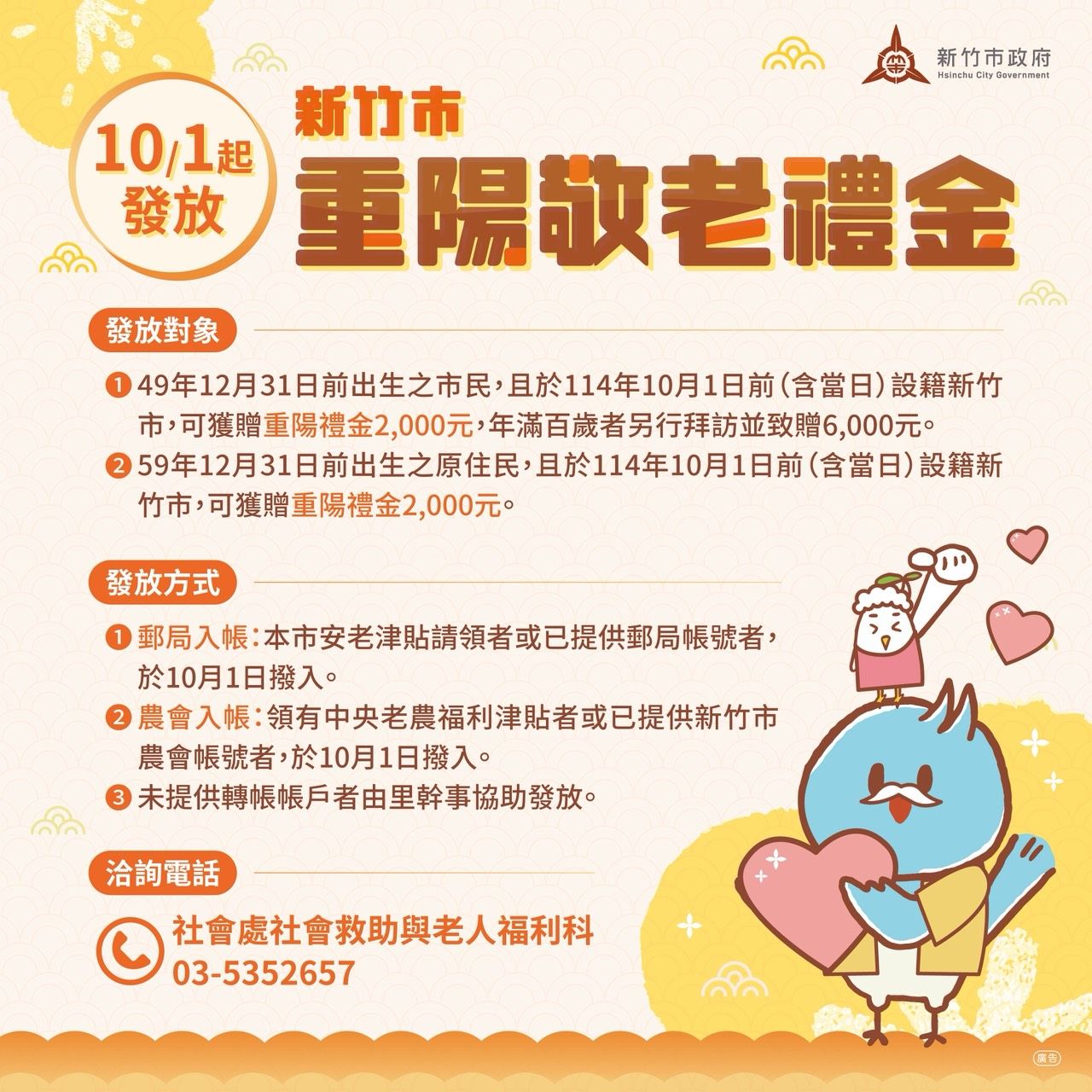 新竹市重陽敬老金。（圖／取自新竹市政府社會處）