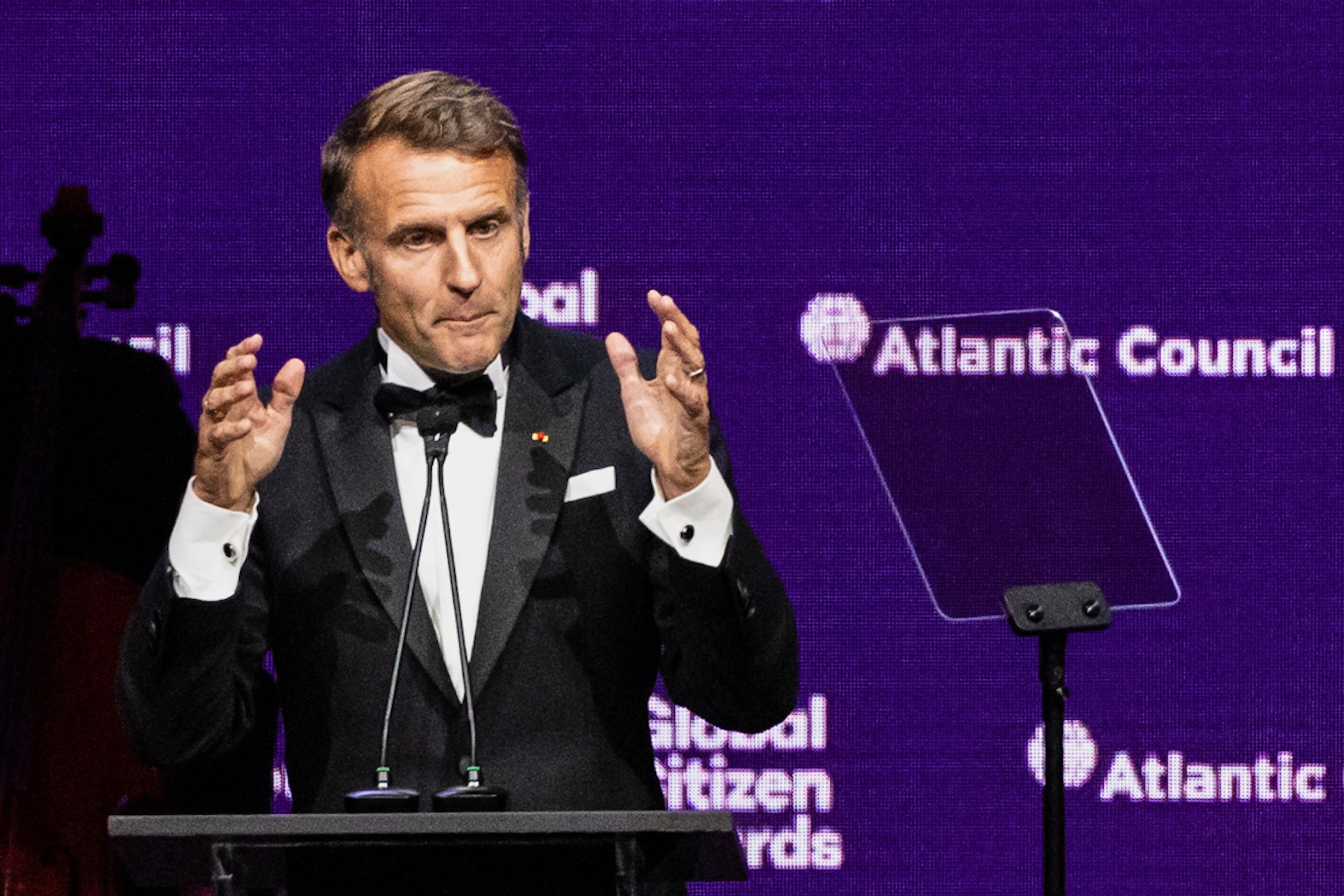 2025年9月24日，法國總統馬克宏在紐約舉行的全球公民獎頒獎典禮上發表演說。（美聯社）