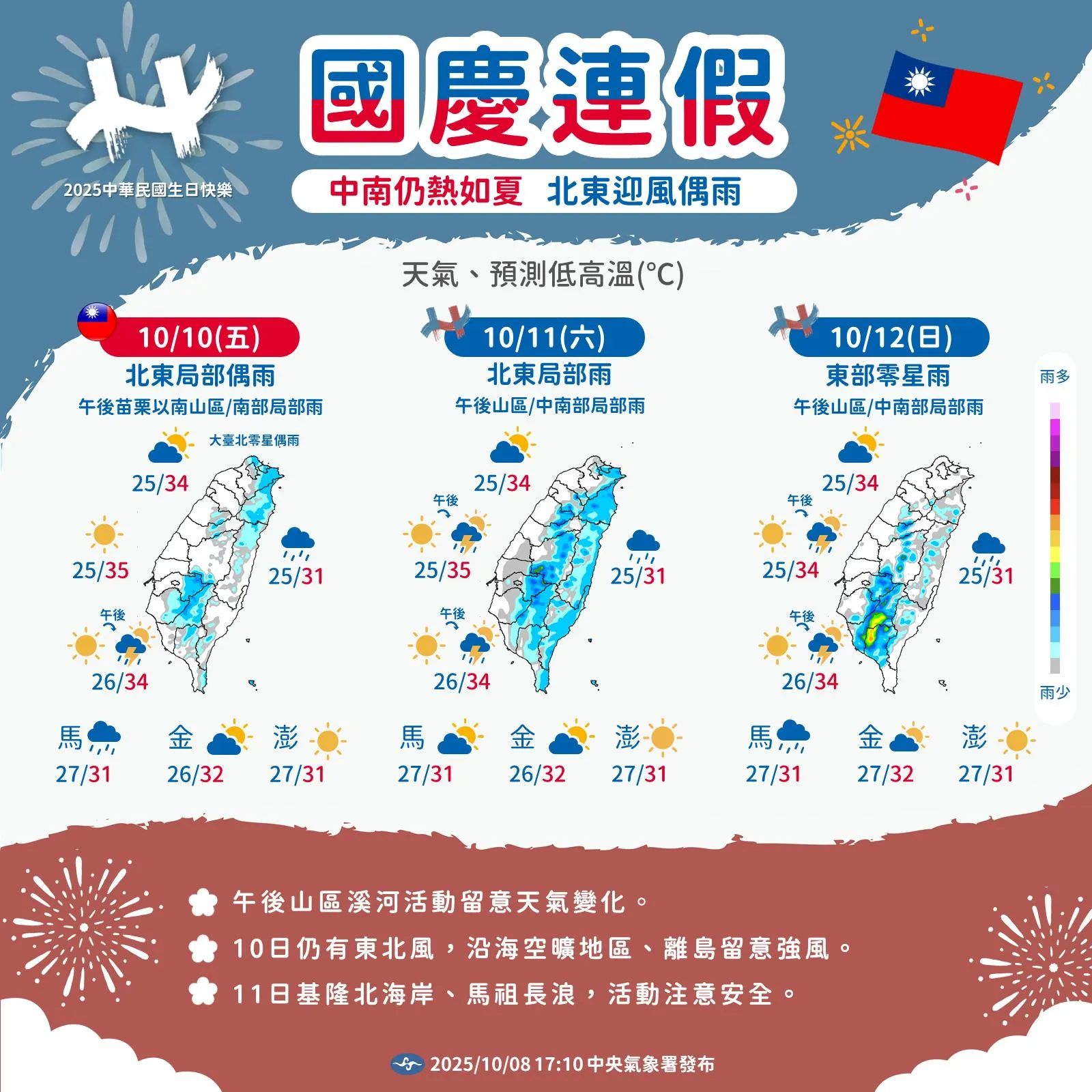 國慶連假天氣。（圖／取自氣象署臉書）