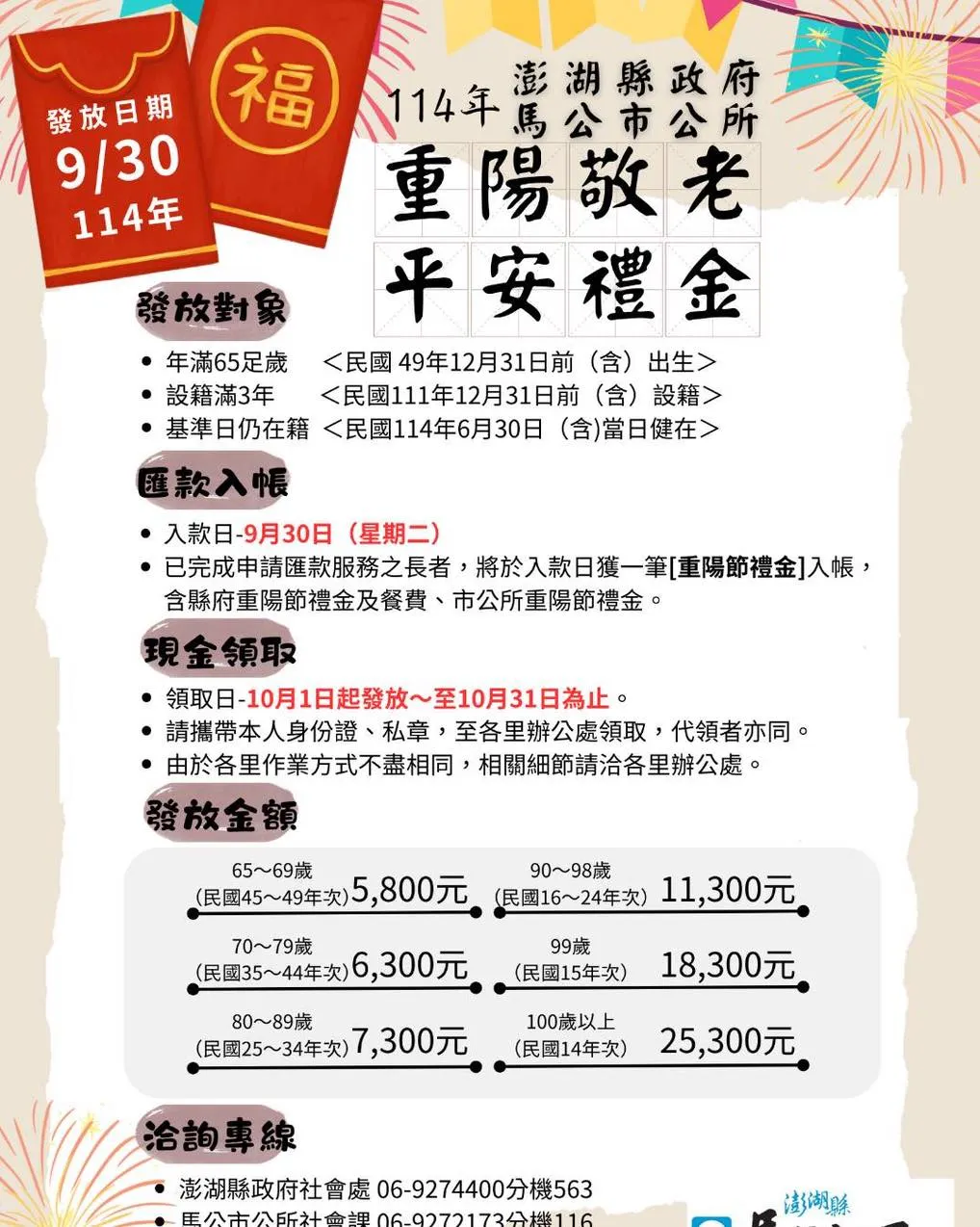 114年澎湖縣政府重陽敬老金發放懶人包。（圖／取自澎湖縣政府臉書）