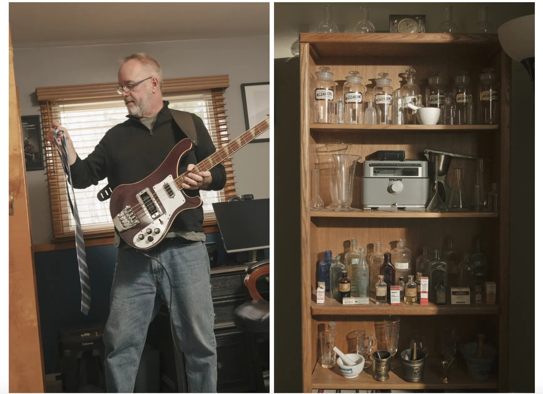 賈德在樂團中擔任貝斯手，同時收藏古董藥局器具。 （Landon Speers for WSJ）