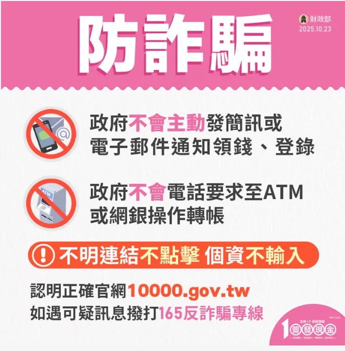 政府不會主動通知普發1萬，請勿點擊不明連結。（圖／取自財政部）