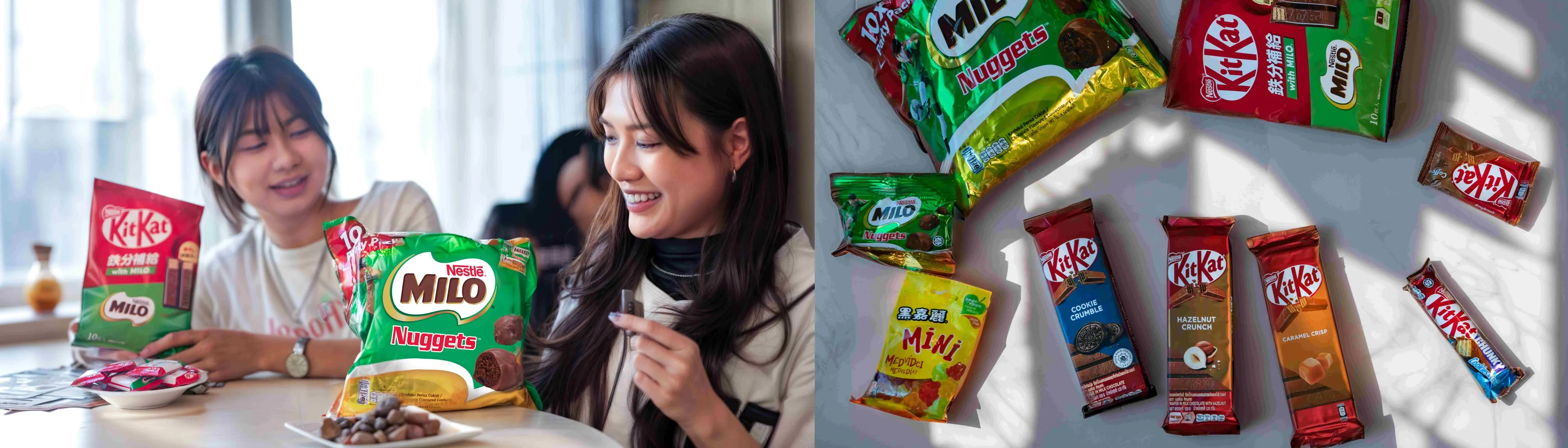 (左) 喝的美祿變身零食！馬來西亞熱銷「美祿麥芽脆餅可可球分享包」以及來自日本的「KitKat美祿麥芽可可威化」也同步上市。(右) 年末是家人親友們相聚的最佳時刻！雀巢一口氣新推八款跨國零食甜品，包含來自杜拜、日本、馬來西亞等世界各地的熱銷單品，為