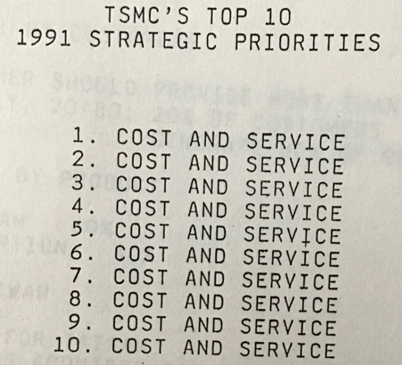 1991年台積電的十大策略優先：成本管理和滿足客戶。（作者提供）