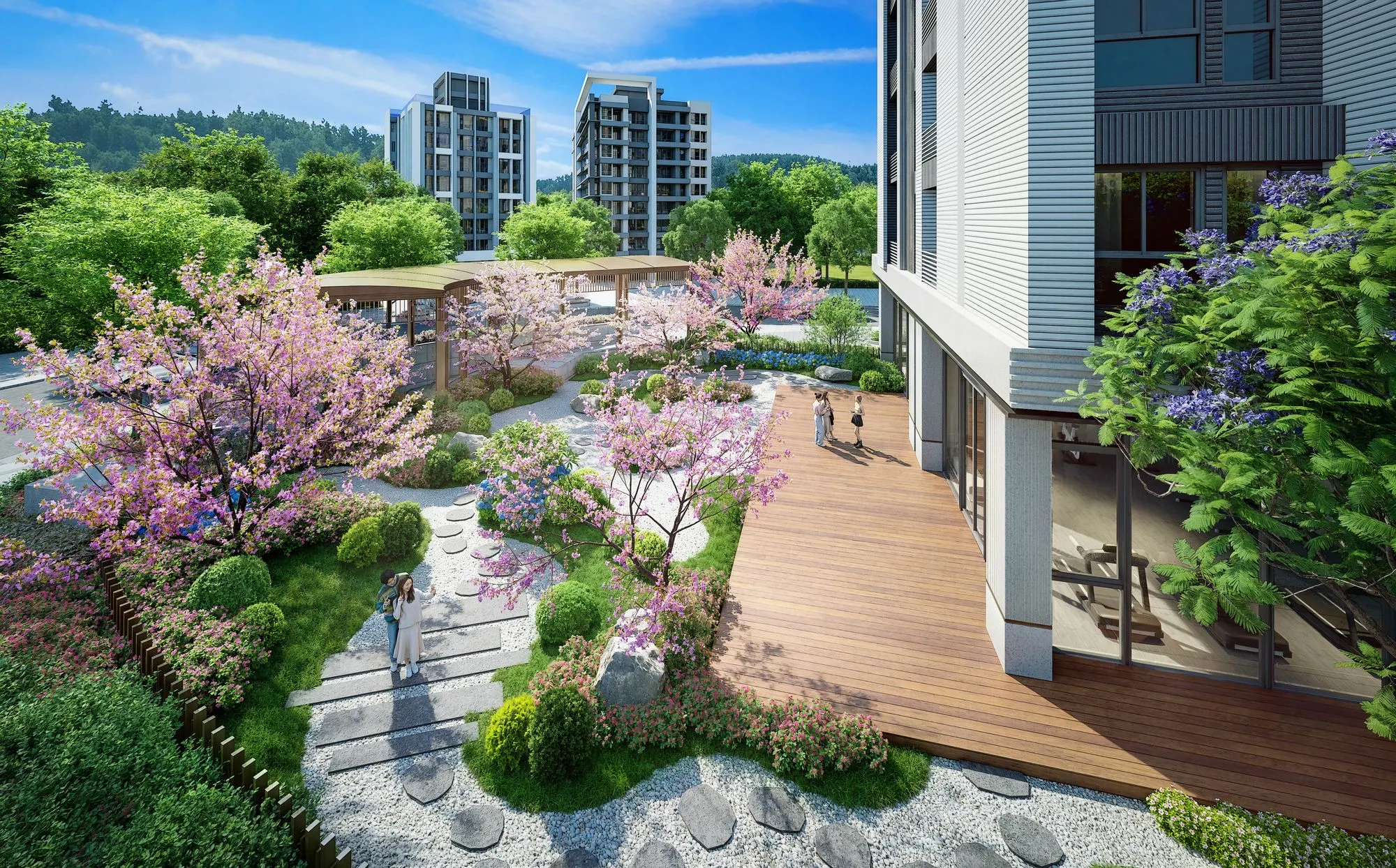 以大棟距、高綠覆規劃中庭，以符合現代人紓壓療癒的度假宜居風潮。（璟都大鎮3D示意圖）