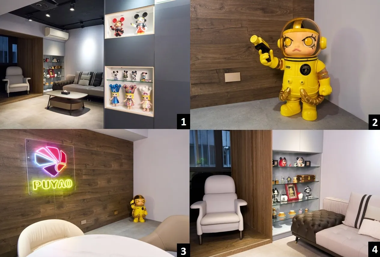 璞耀理財辦公室，因為有大量與客戶深度對談的需求，所以辦公室注重營造低調但高質感、主色調設定為暖色系，打造溫暖、穩重且安心與談空間。圖二更是POPMART與Lamborghini聯名的MEGA SPACE MOLLY限定款公仔，相當稀有。