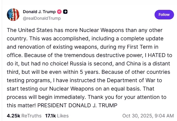 アメリカ合衆国のトランプ大統領がTruth Socialで発表した、戦争省に対して核兵器試験の再開を指示する内容。(トランプTruth Socialからのキャプチャー)