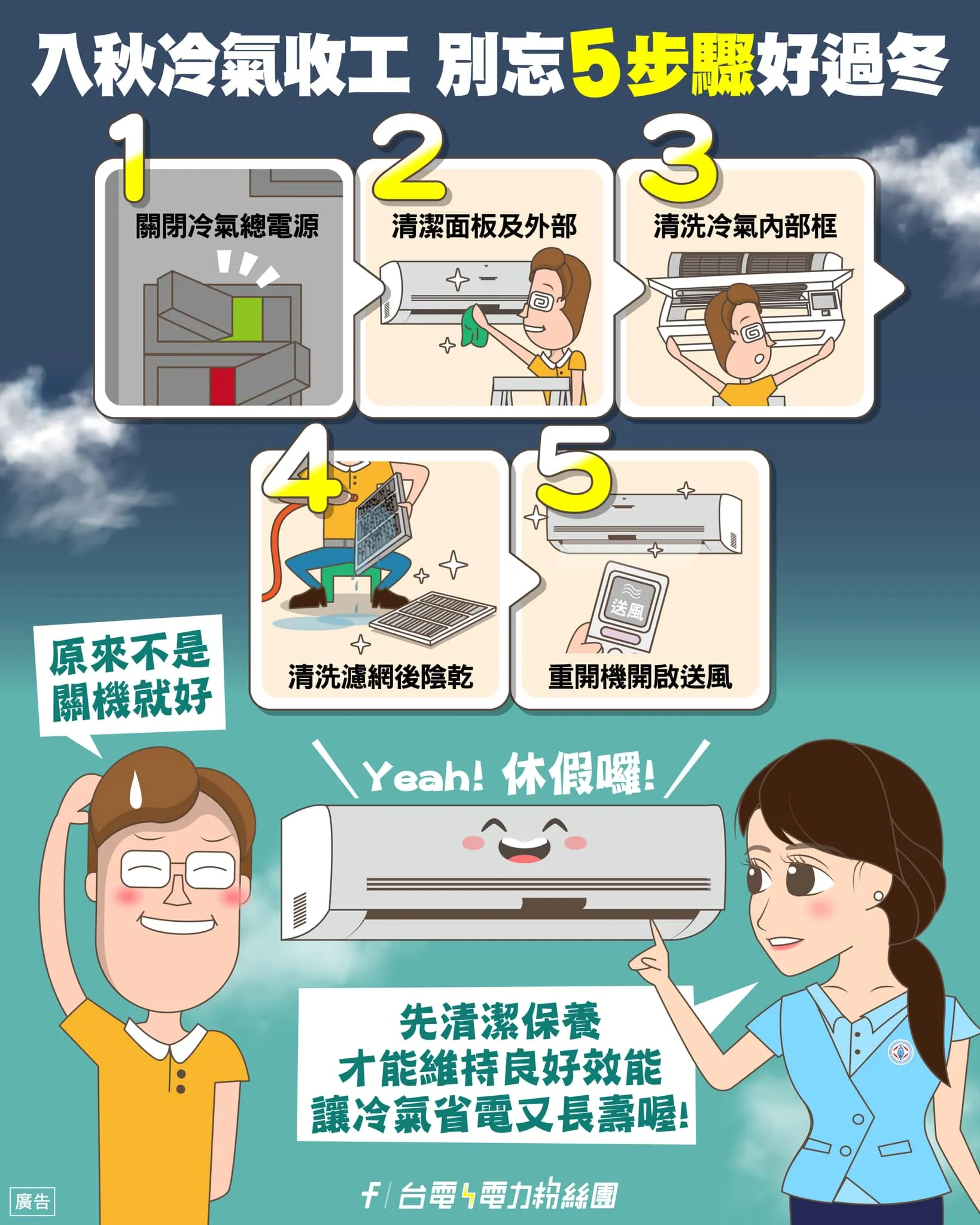 台電也提醒，冷氣在入秋準備停用前，別忘了做一輪「過冬前保養」。（圖／台電粉絲團提供）