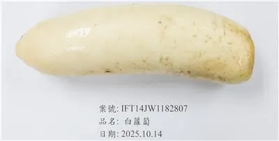 中國大陸出口「白蘿蔔（FRESH WHITE RADISH ）」檢出農藥殘留含量不符規定。（圖／取自食藥署）