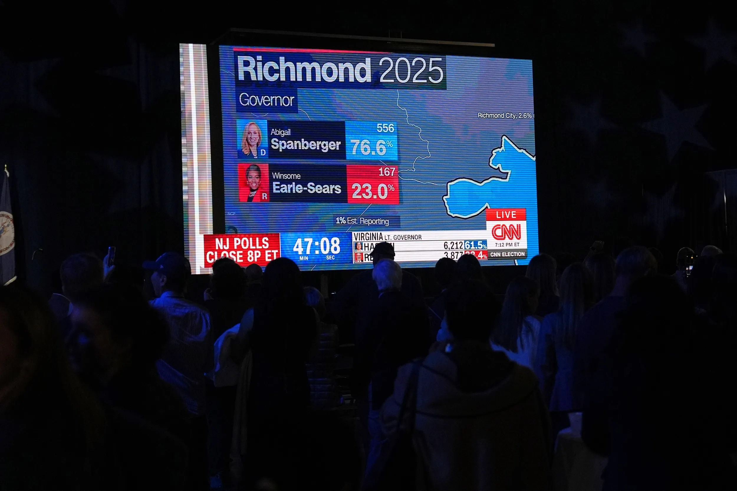 2025年11月2日、民主党バージニア州知事候補スパンバーガー氏が大逆転で当選。（AP通信）