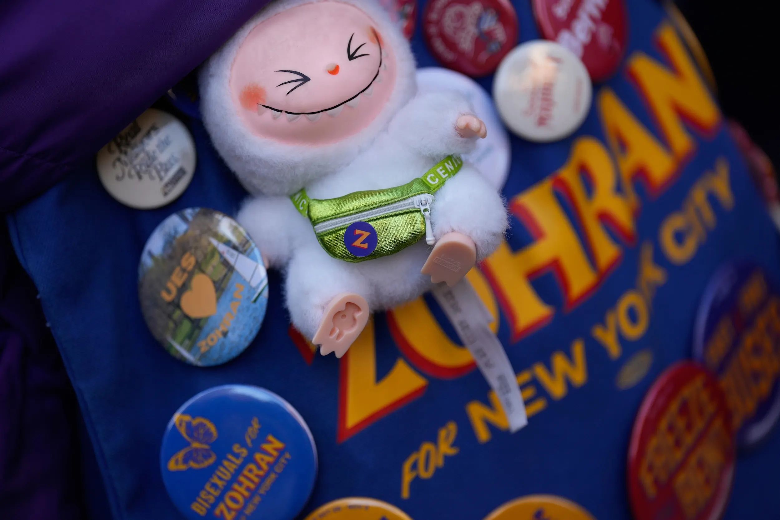 ニューヨーク市市長候補者マムダニ支持者のリュックサック上のラブブ。（AP通信）