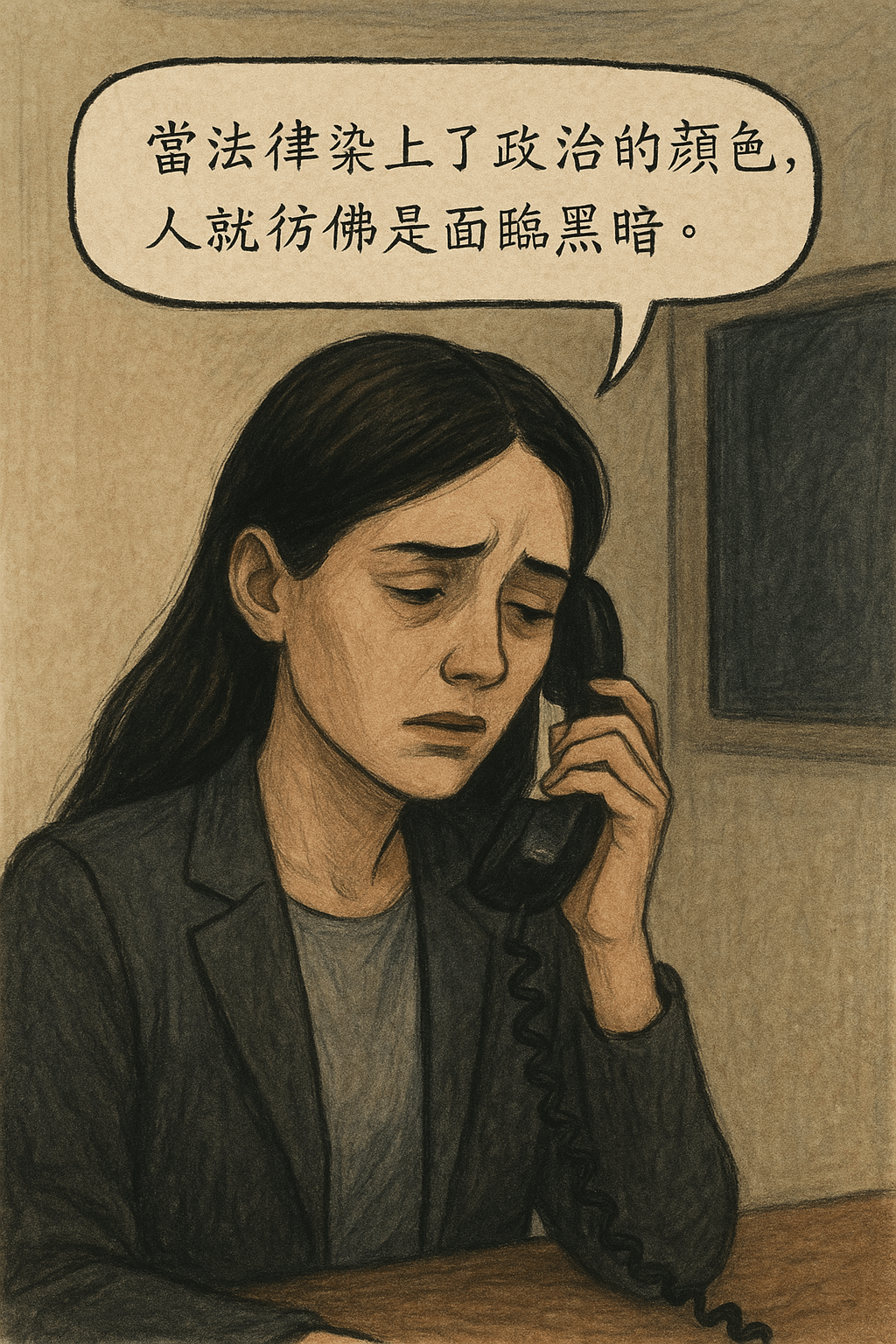 「當法律染上了政治的顏色，人就彷彿是面臨黑暗。」。（AI繪圖，作者提供）