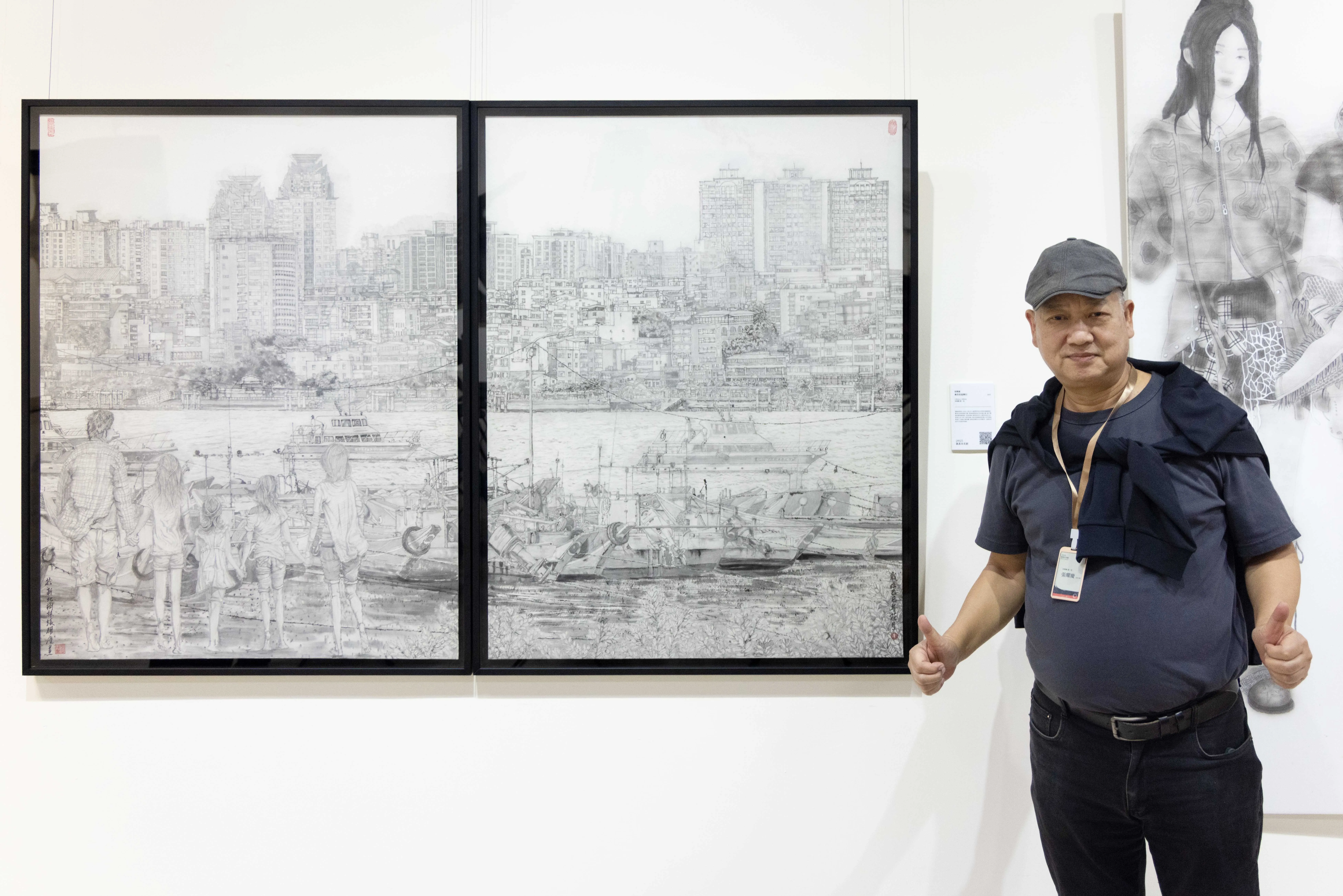 水墨類第一名張耀慶〈牽作伙逗陣行〉描繪淡水河兩岸繁華景象。（圖/新北市文化局提供）