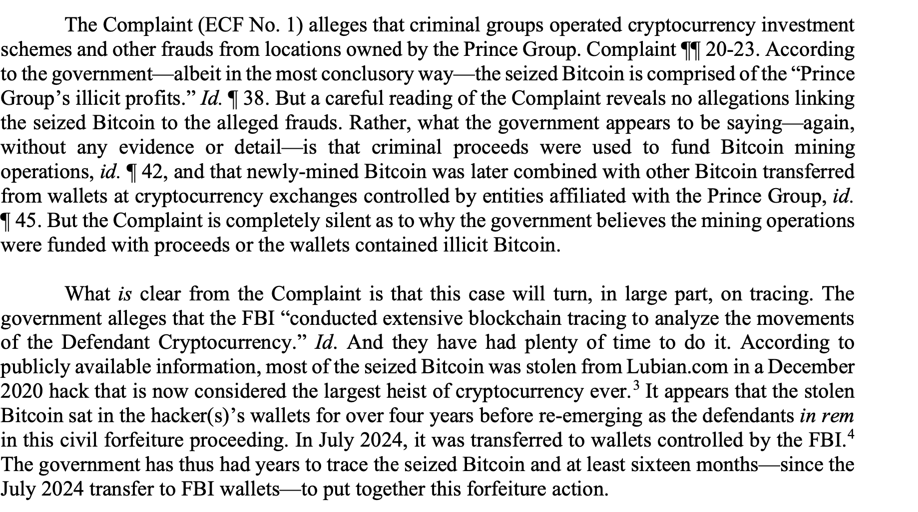「太子集団」創設者陳志が委任した米国法律事務所Boies Schiller Flexnerは11月10日にニューヨーク裁判所に提出した動議声明で、押収されたビットコインの多くが2020年12月のLuBianマイニングプールハッキング事件に関連している可能性を指摘している。（BSF文書より）