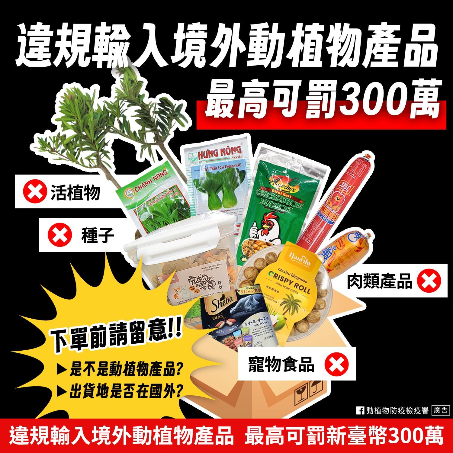 違規輸入境外動植物產品，最高可罰300萬。（圖／取自動植物防疫檢疫署）