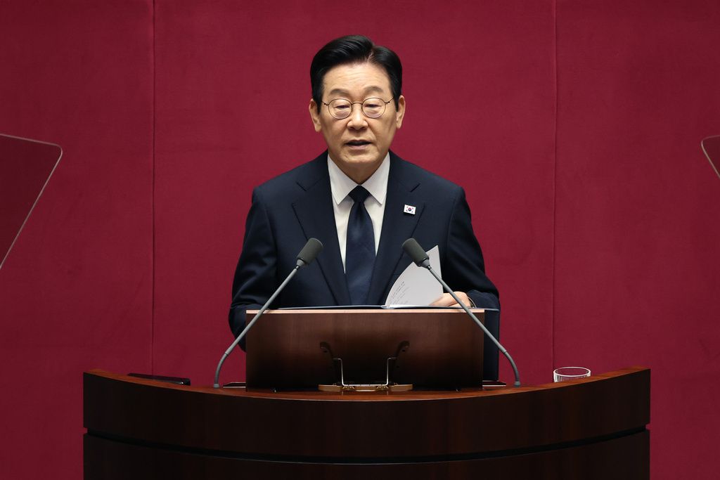 November 4, 2025. South Korean President Lee Jae-myung delivers a speech at the National Assembly in Seoul, Korea. (AP)