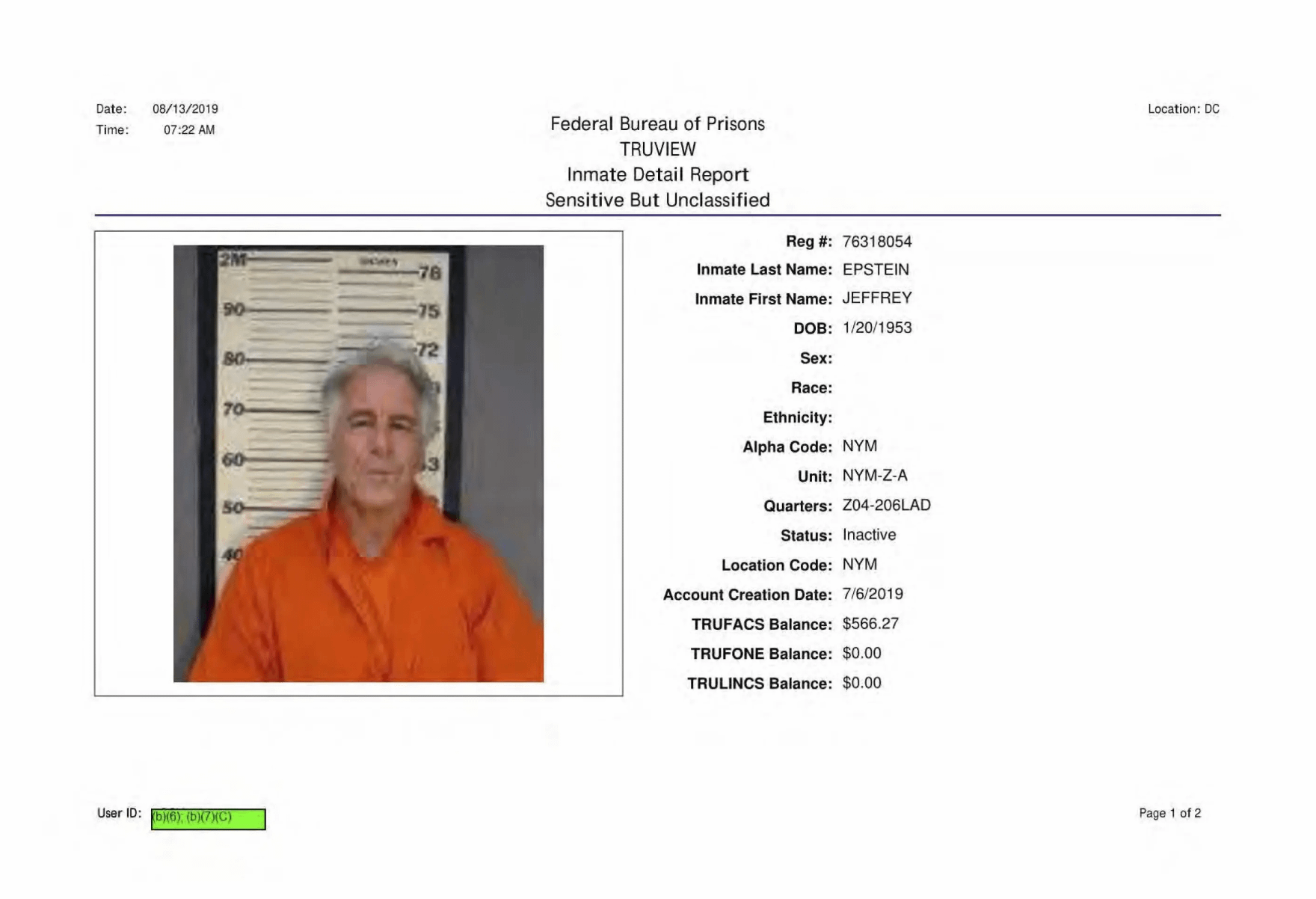 一份有關已故億萬富豪、性犯罪者艾普斯坦（Jeffrey Epstein）的監獄檔案。（美聯社）