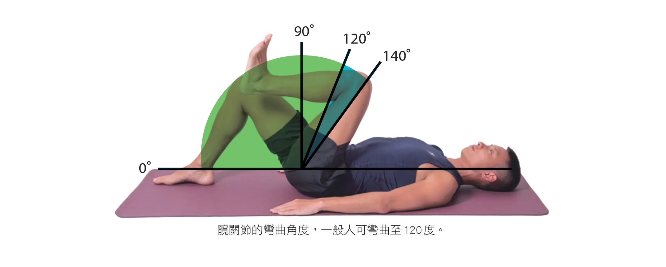以雙腳屈膝的姿式仰躺在地板上，將測試腳的髖關節往上半身彎曲，從側面觀察的髖關節彎曲的角度。（圖／格致文化提供）