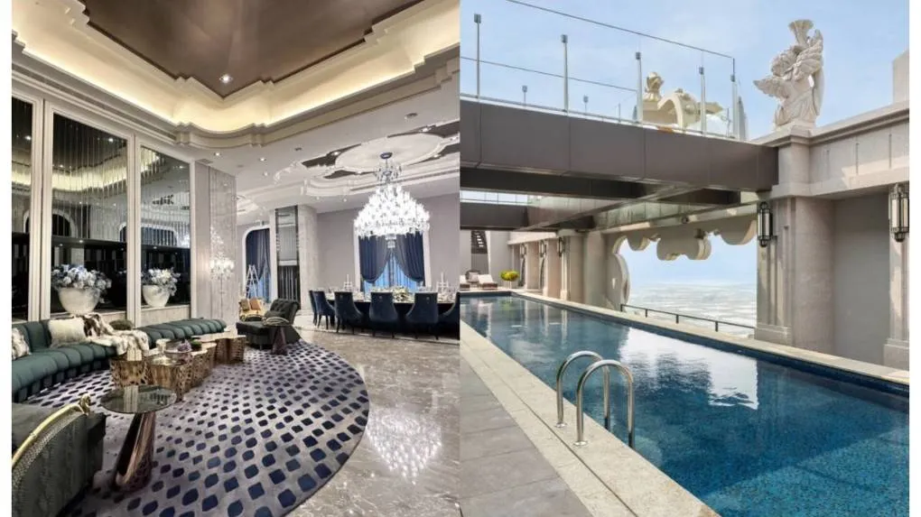 極盡奢華的公設鐵板燒宴會廳（左）與頂樓無邊際泳池。（圖/上曜建社提供）