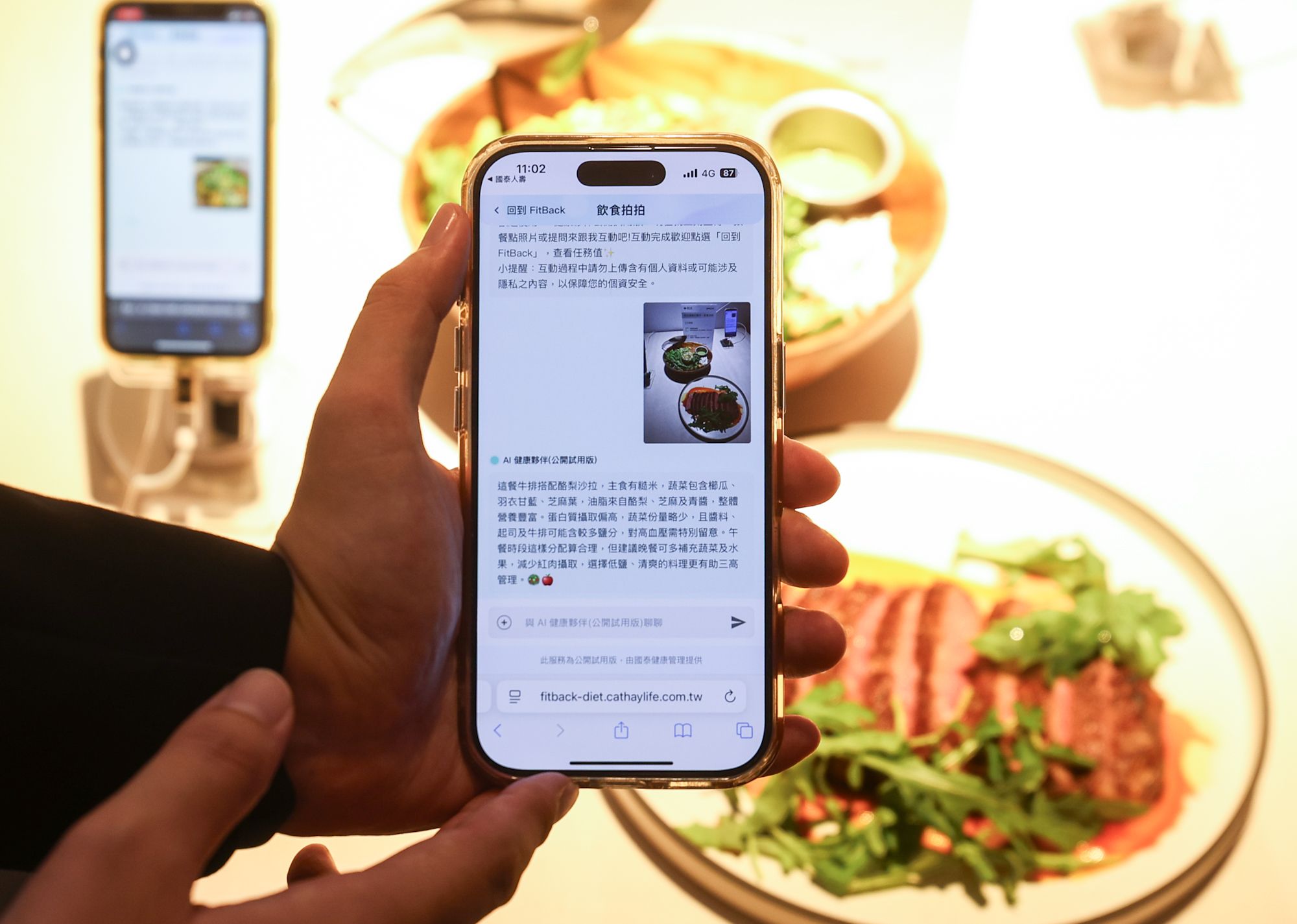 國泰人壽深度推廣健康服務，今年結合AI與國泰健康管理合作開發「飲食拍拍」飲食辨識服務，保戶只要用手機拍攝餐盤照片上傳辨識，即可獲得攝取營養分析及建議下一餐如何調整飲食。（圖／國泰人壽提供）