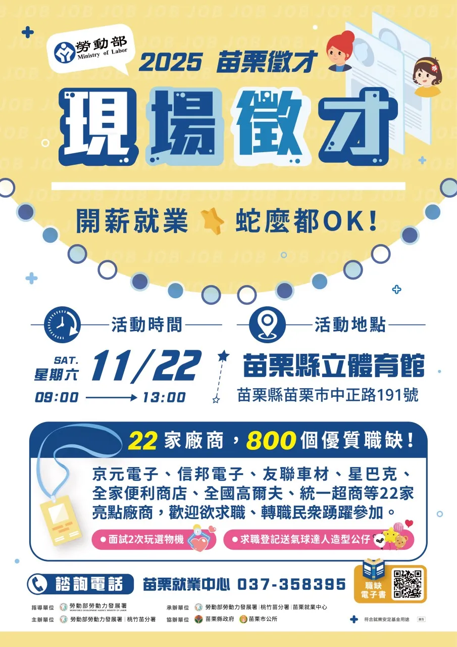 苗栗就業中心11/22（六）「開薪就業、蛇麼都OK！苗栗地區現場徵才活動」集結22家企業、釋出超過800個多元職缺。（圖／勞動力發展署桃竹苗分署提供）