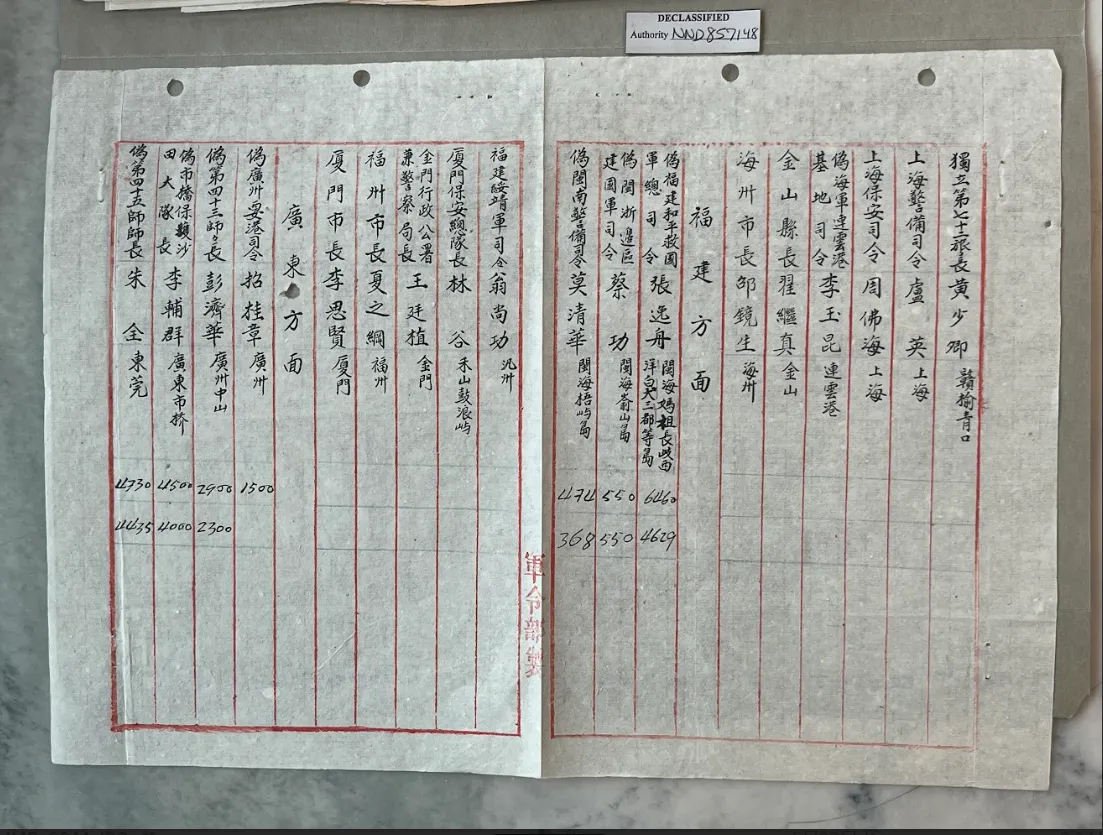 國民政府發起反攻前，依據美軍要求，將所有在沿海地區有聯絡的和平軍資訊交出，其中也包括上海保安司令周佛海，此種對盟邦完全不設防的舉動看在南京與上海百姓眼中實在是缺乏自主性。（美國國家檔案館）