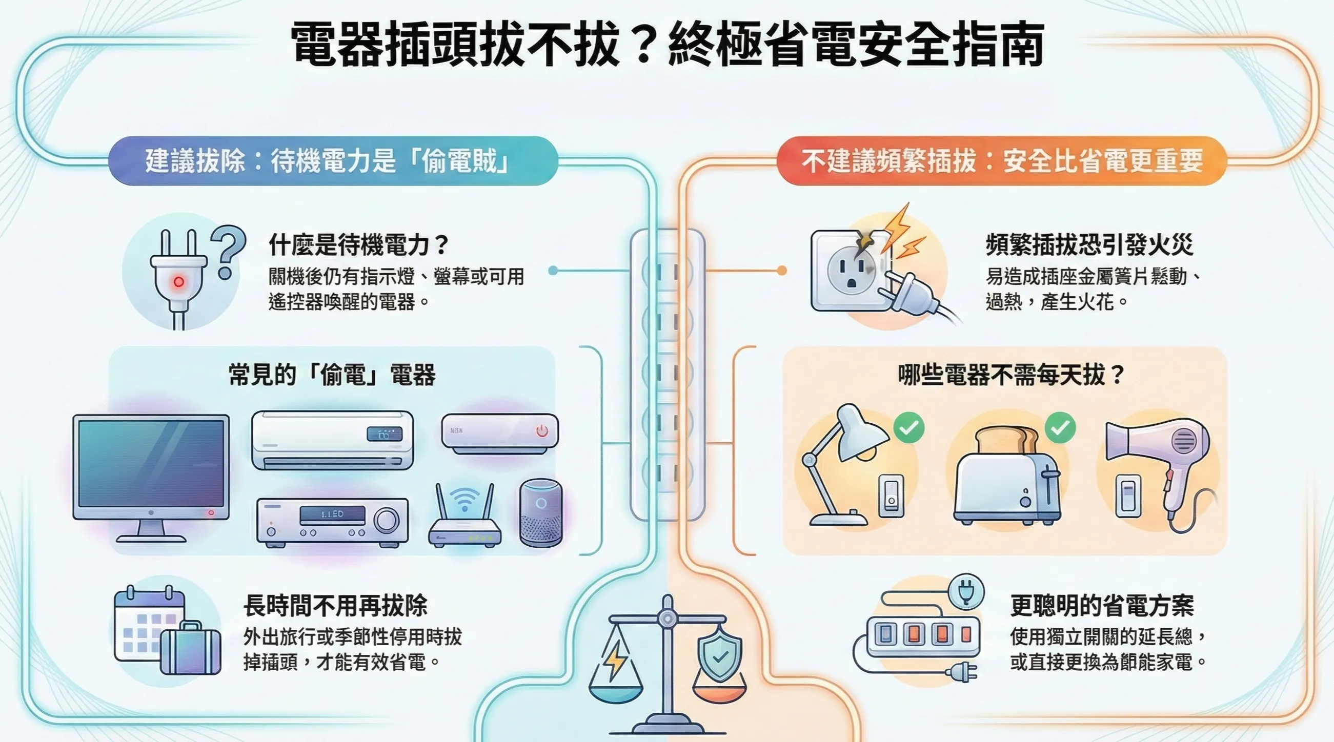 哪些電器該拔？哪些別亂拔？一張圖看懂正確省電與用電安全指南。（圖／智慧內容中心製作）