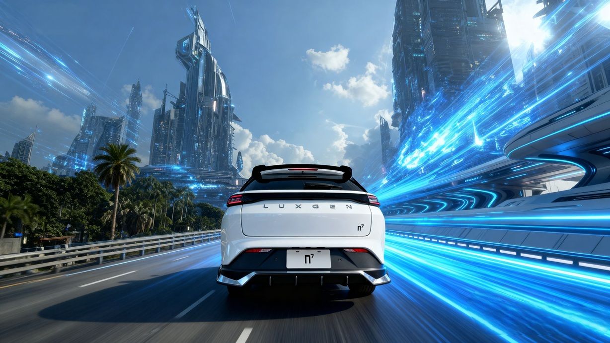 Luxgen昇級版電動車廣告呈現未來近在眼前、科技與人共行的視覺語彙。(圖／江秉承提供)