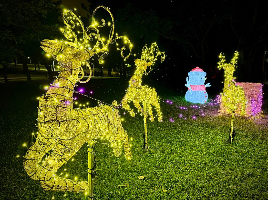 大安森林公園「聖誕奇境」燈區，以聖誕老人、麋鹿、禮物盒及燈串等元素妝點。（圖／臺北市政府觀傳局提供）