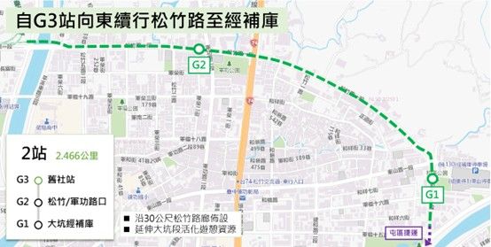 台中捷運綠線延伸到大坑，將有助於強化觀光交通可及性-捷運綠線延伸大坑段路線示意圖。（圖/台中市政府）