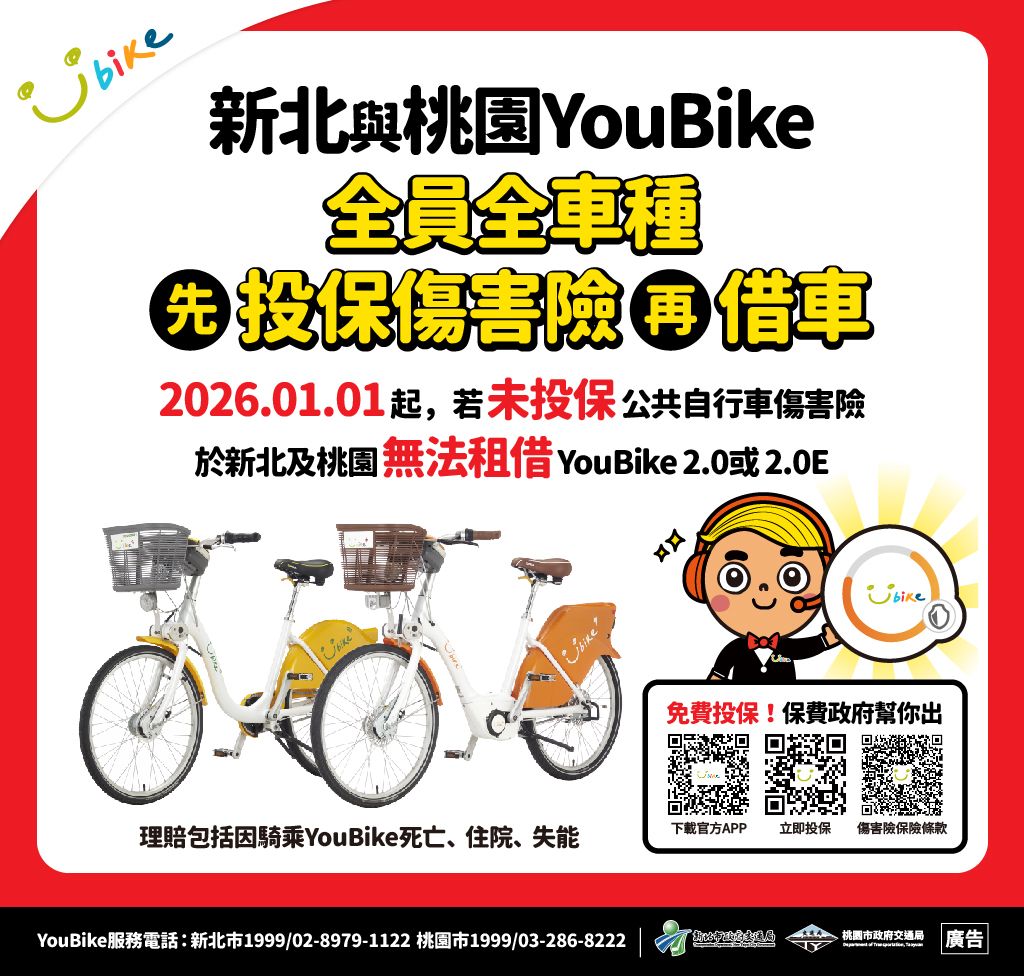 115年1月1日起未投保傷害險無法於新北市及桃園市租借YouBike。(圖／新北市政府交通局)