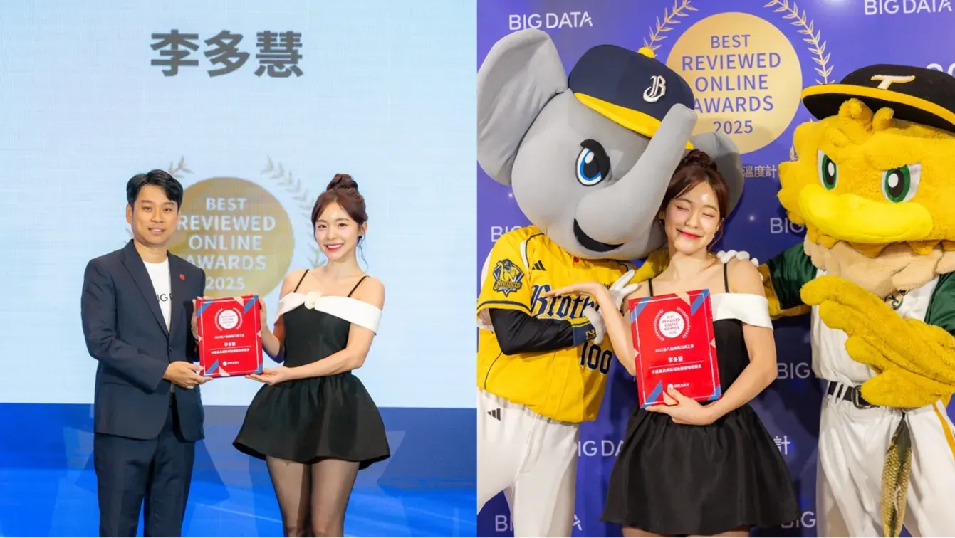 李多慧獲得「年度最具網路領袖價值啦啦隊員」，現場與台鋼雄鷹吉祥物TAKAO及中信兄弟吉祥物小翔互動。（圖／網路溫度計DailyView提供）