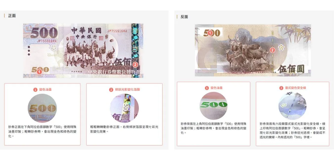 １、500元鈔票辨認方法「轉一轉」（圖／擷取自中央銀行券幣數位博物館）