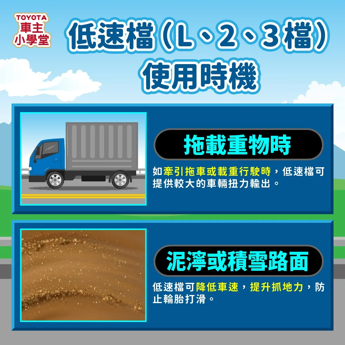 低速檔（L、2、3檔）使用時機。（圖／和泰汽車提供）
