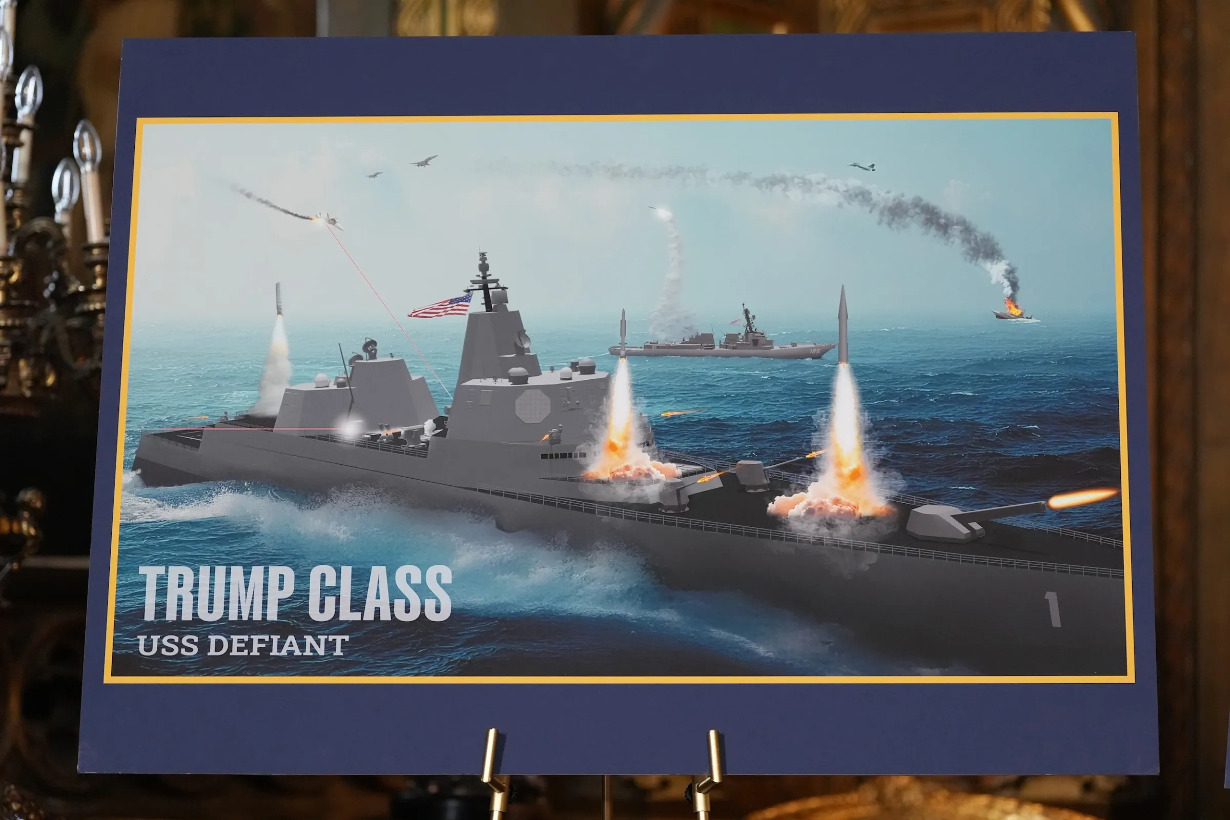  2025年12月22日，川普發表美軍最新武器計劃—川普級戰艦。（美聯社）