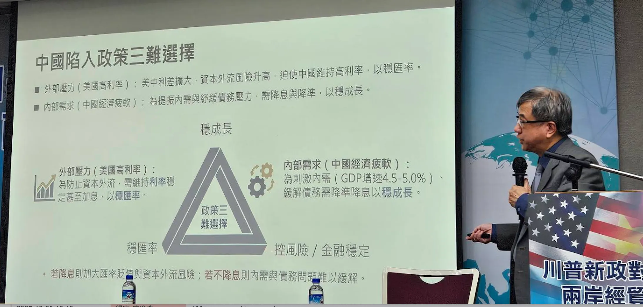 12月23日，中經院第一研究所所長劉孟俊以「中國大陸十五五的展望與挑戰」為題發表主題演說，分析中國經濟未來動向。(王秋燕攝)