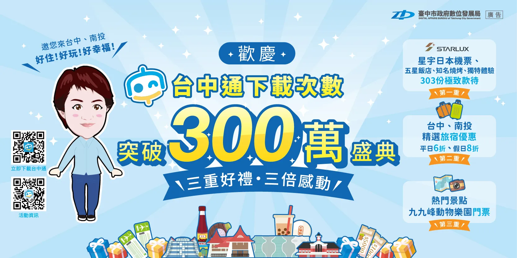 數位局為歡慶《台中通》突破300萬下載，推出加碼抽獎活動，民眾下載及登錄即可抽日本來回機票。（圖／台中市政府提供）