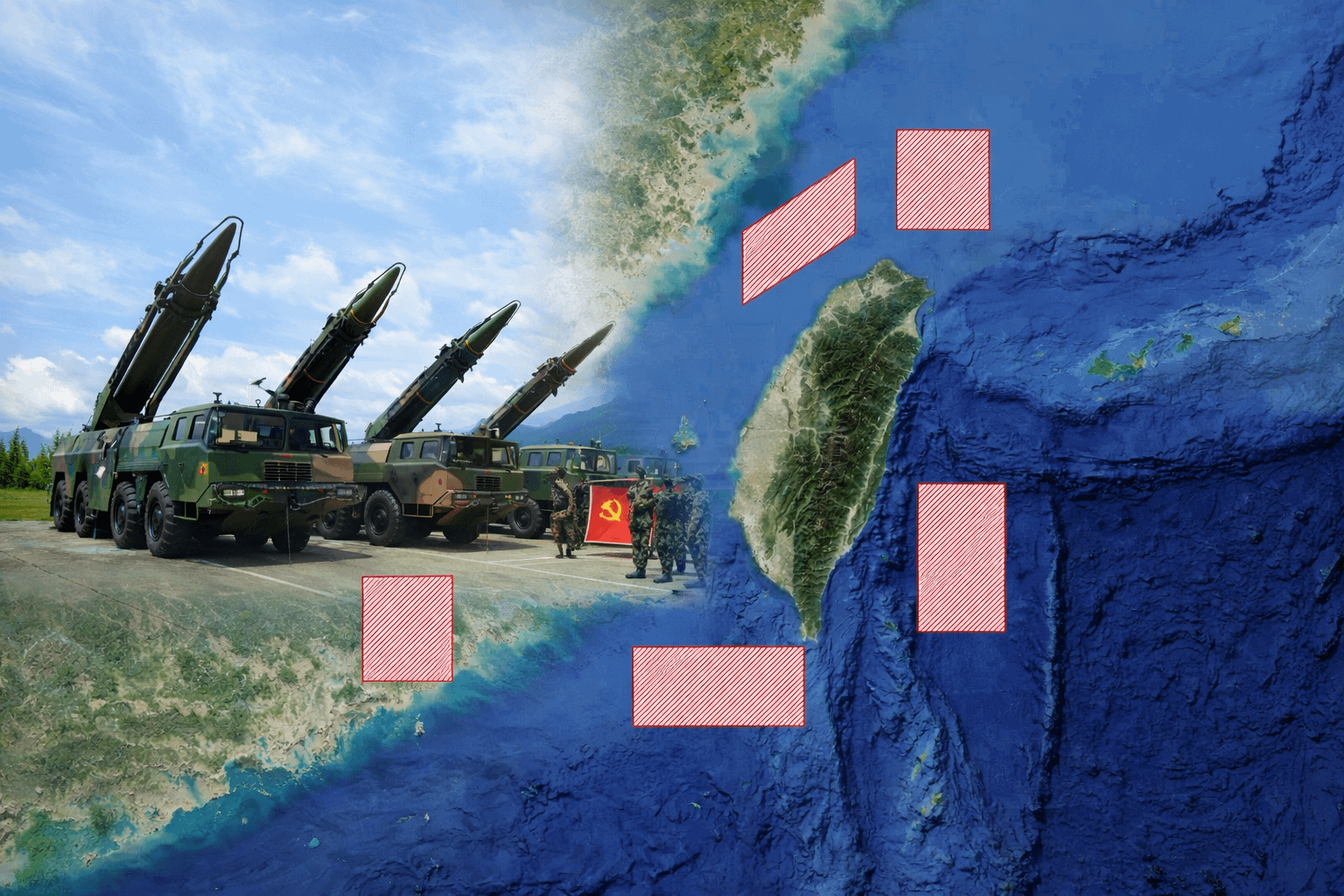 解放軍東部戰區29日起連續兩天，組織陸軍、海軍、空軍、火箭軍等兵力，在環繞台灣5大海、空域展開「正義使命-2025」演習。（中國軍網、東部戰區/風傳媒合𢦓）