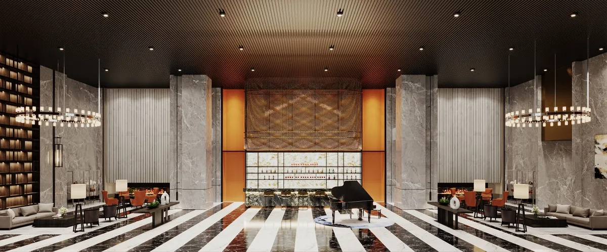 中路大苑大廳公設3D示意圖。10米挑高氣勢、極奢精緻氣質，設計靈感植入英倫瑰麗酒店品味。