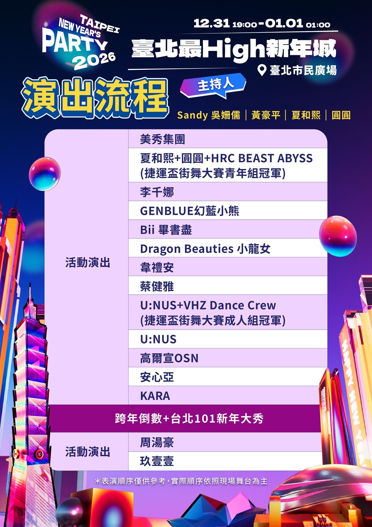 臺北最High新年城2026跨年晚會卡司。（圖／臺北市政府觀傳局提供）