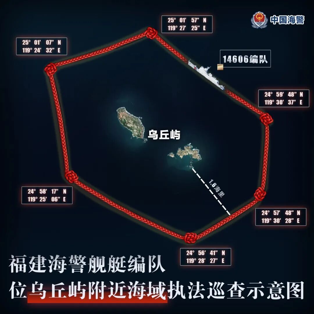 根據中國海警公布的航跡圖，福建海警船隊繞行烏坵。（翻攝自新華社）